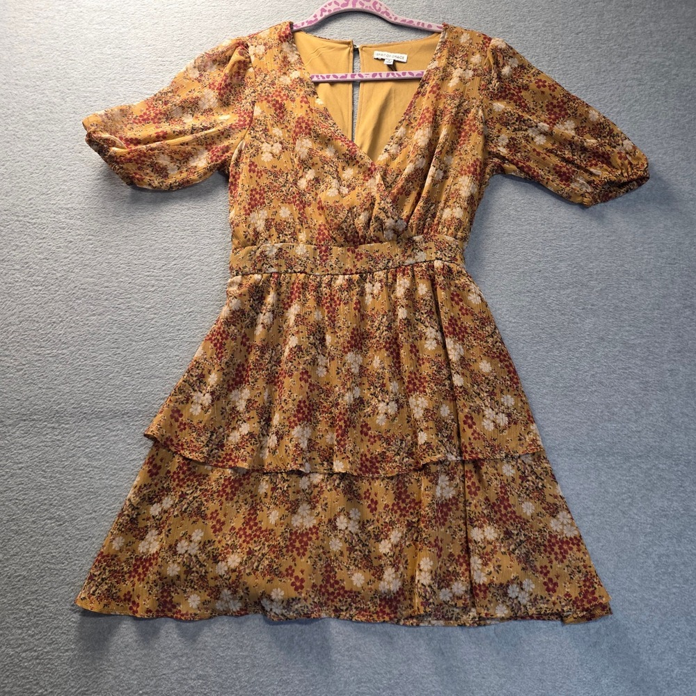 Spirit of Grace Floral Tiered Mini Dress Mustard Yellow Gold Metallic Small